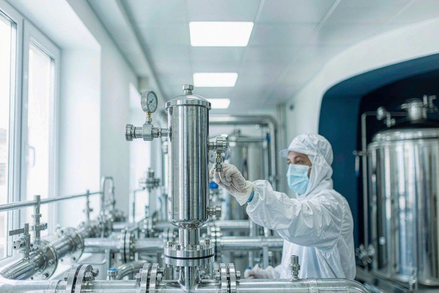 制药洁净车间内不锈钢脱炭过滤器的安装与检查实拍